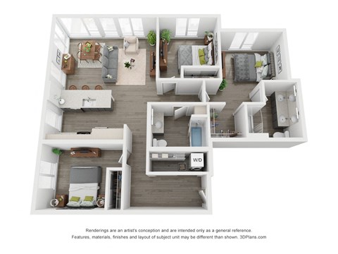 Floor plan for 3 beds, 2 baths, 1353 sqft